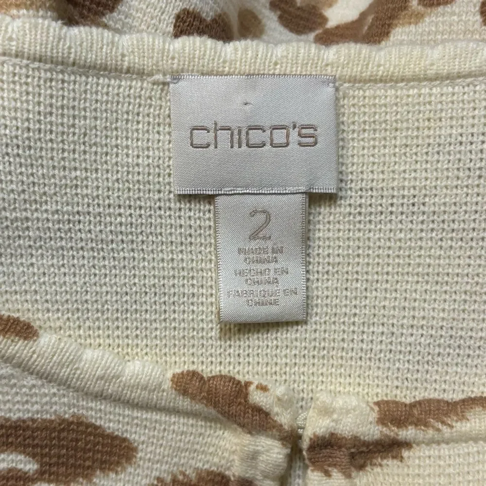 Chico's Open Front Animal Print Cardigan Lace Trim Cream Brown Chico's Size 2